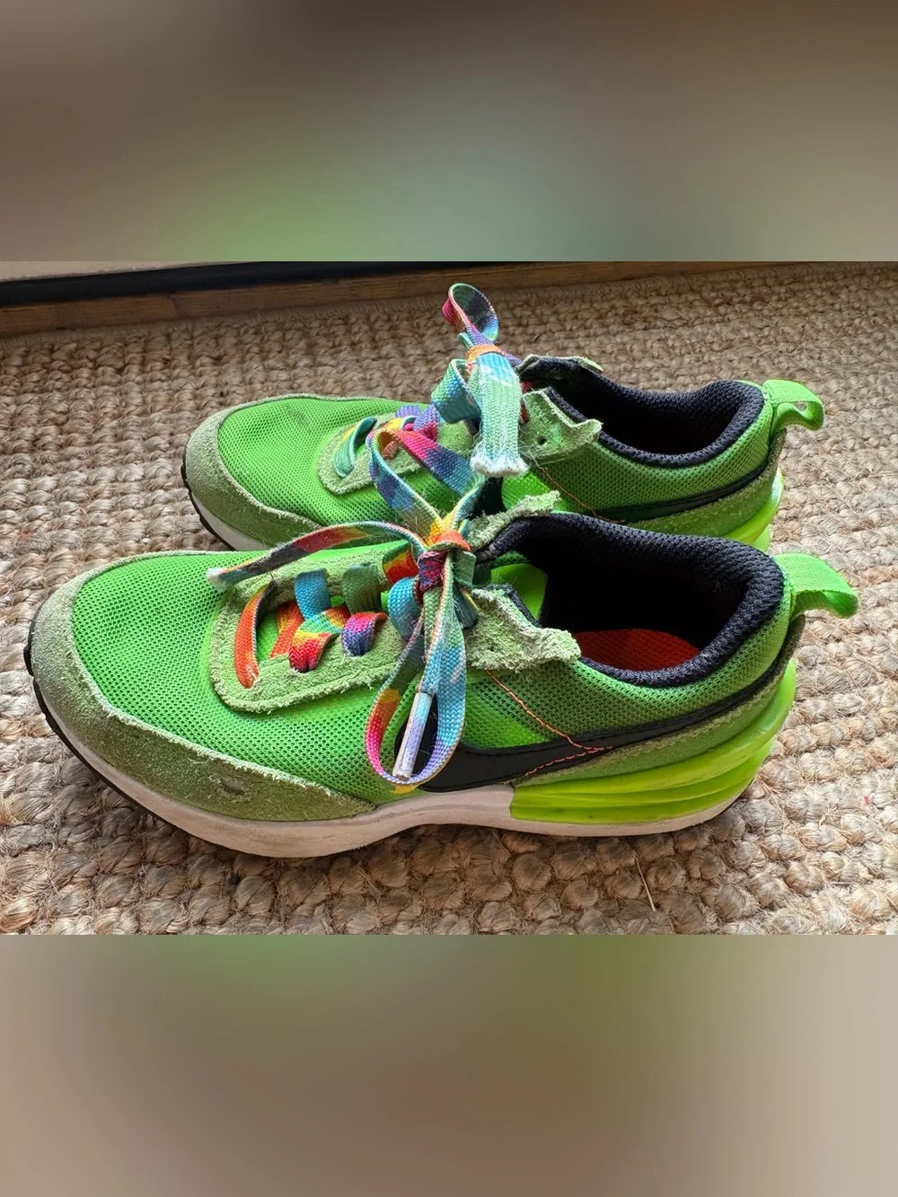Kids Bright Green Nike Sneakers with Rainbow Laces
